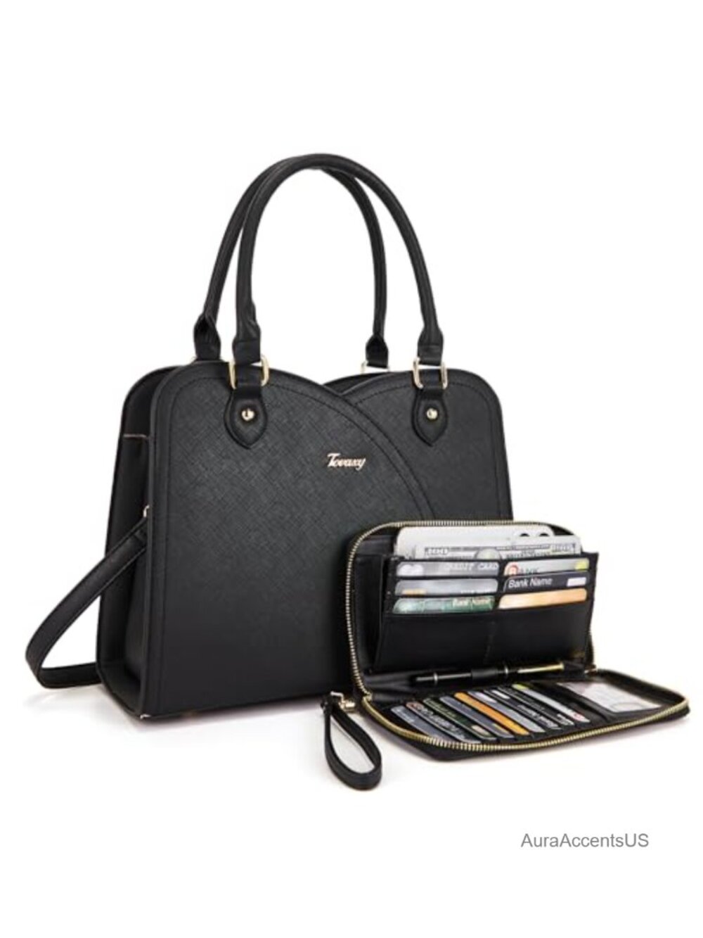 Women's Synthetic Leather Satchel Handbag Shoulder Bag Purse Wallet Set 2 Piece